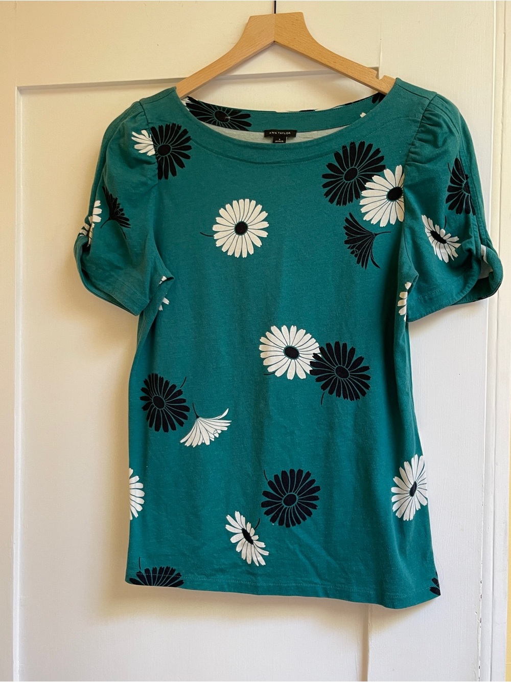 Crew Neck Puff Sleeve Floral Top - Teal / Ann Taylor